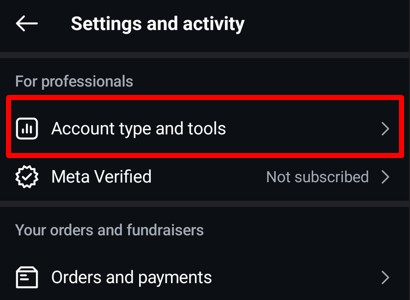 Account Type and Tools option in Instagram Settings and Activity tab