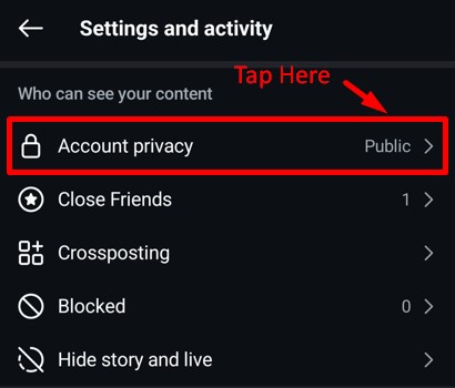 Account Privacy option of Settings and Activity tab