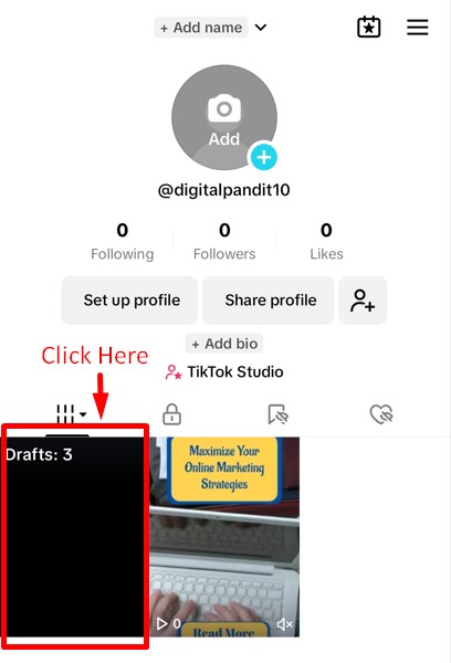 TikTok drafts and posts visible in profile section