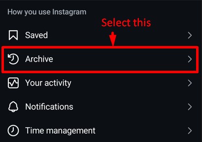 Archive option in Instagram settings tab