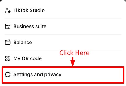 Settings and privacy option in Menu tab of TikTok