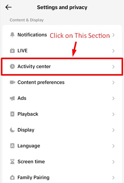 Activity Center opttion in Settings and Privacy tab of TikTok mobile app