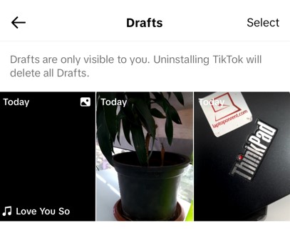 Saved TikTok drafts available in draft section