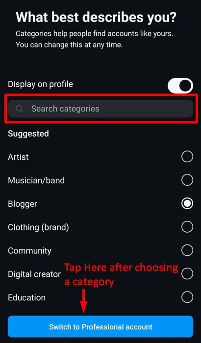 Option to choose Category for your professional account