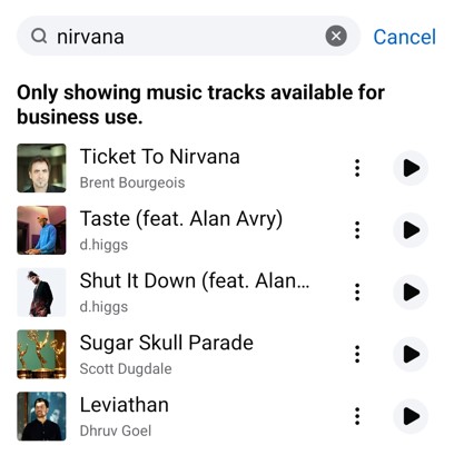 Search or scroll the Facebook's music library