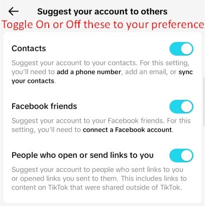 Toggle On or Off the settings to manage suggested accounts on TikTok