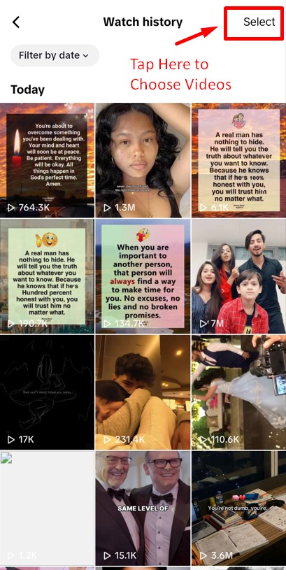 Select button in TikTok Watch History tab