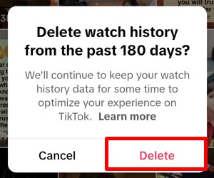 Confirmation pop-up for deleting TikTok Watch History