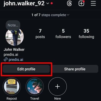 Click on Edit Profile option in Instagram's profile menu