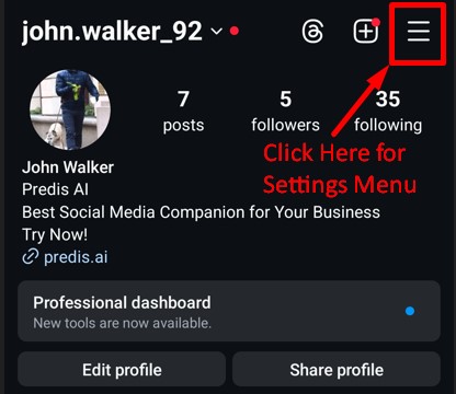 Menu button in Instagram profile page