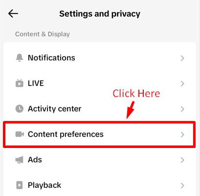 Content Preferences option in TikTok's Settings and Privacy tab