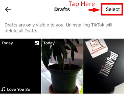 Select button in TikTok drafts tab