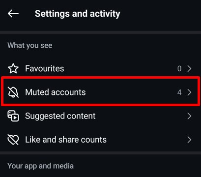 Muted accounts option in Settings and activity tab