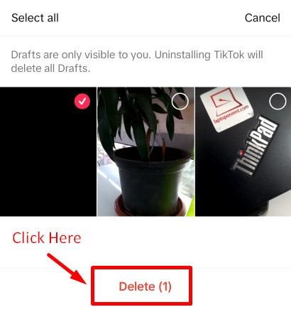 Delete button for removing your TikTok drafts