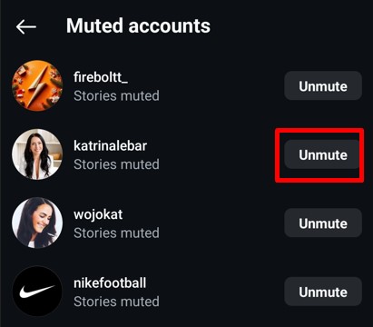 List of muted accounts on Instagram