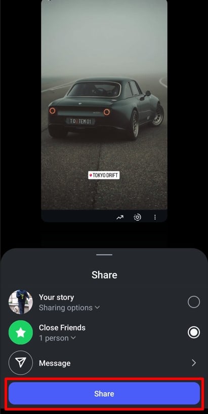 Click on the Share button to post a Instagram Story with location