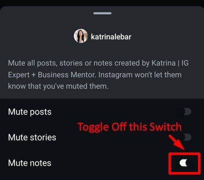 Toggle switch off to unmute notes on Instagram