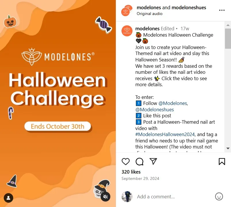 Instagram reel announcing a Halloween Challenge