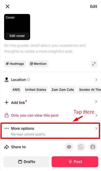 TikTok Draft post options