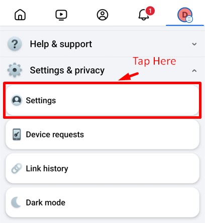 Settings option in Settings and privacy tab