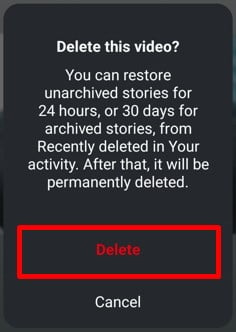 Confirmation pop-up to delete a archived Instagram story