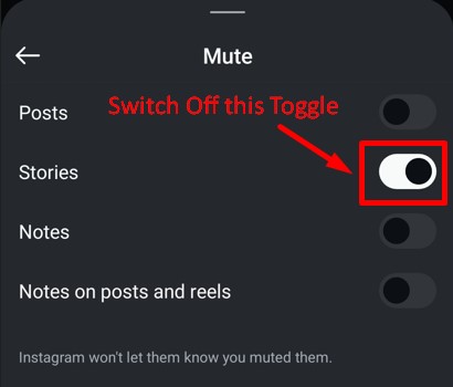 Mute options with toggle buttons for Posts, Stories, and Notes