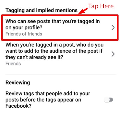 "Who can see posts that you're tagged in on your profile?" option to manage tags on Facebook