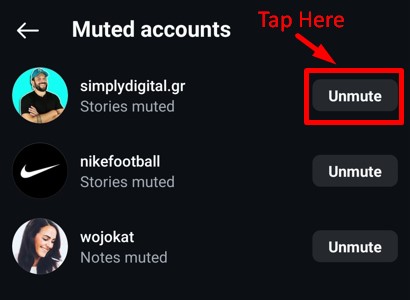 List of muted accounts on Instagram with Unmute button