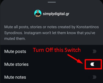 Unmute Stories option for the muted account