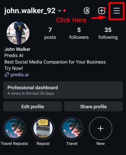 More option button in Instagram Profile page