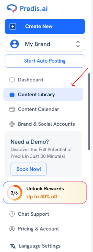 Content Library to view the content you have already created in Predis AI