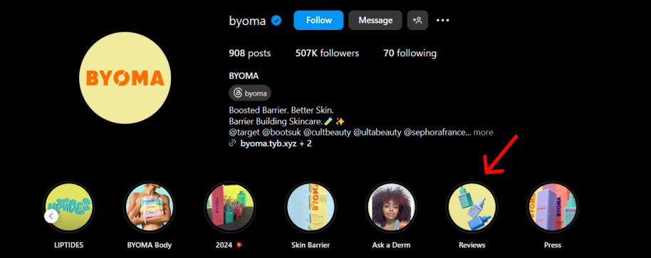 Byoma using reviews as highlights