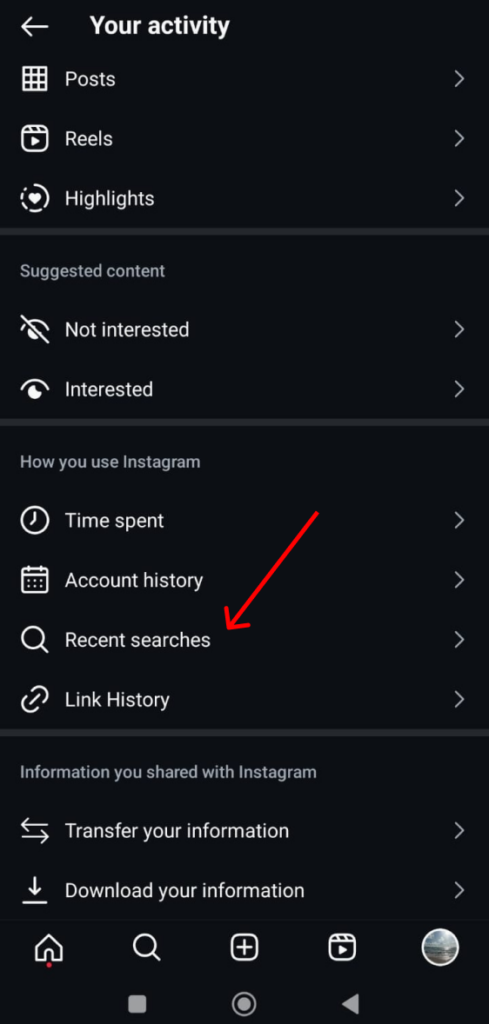 Your activity settings page in Instagram