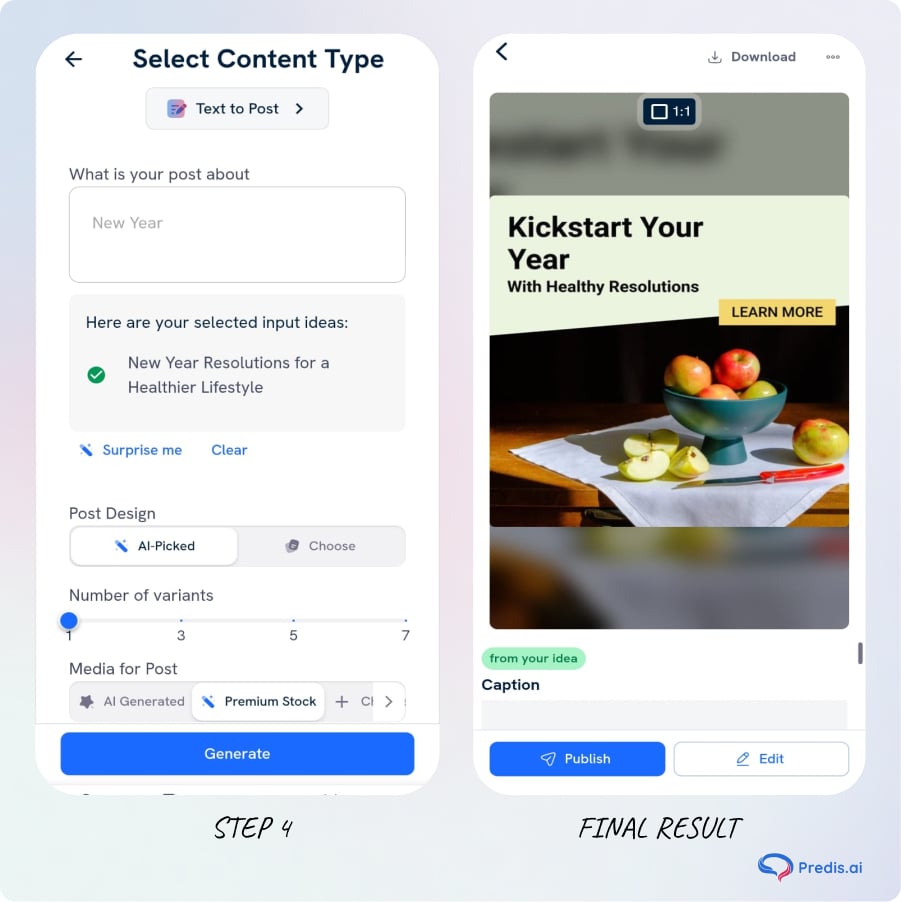 Use Predis.ai app for social media post ideas