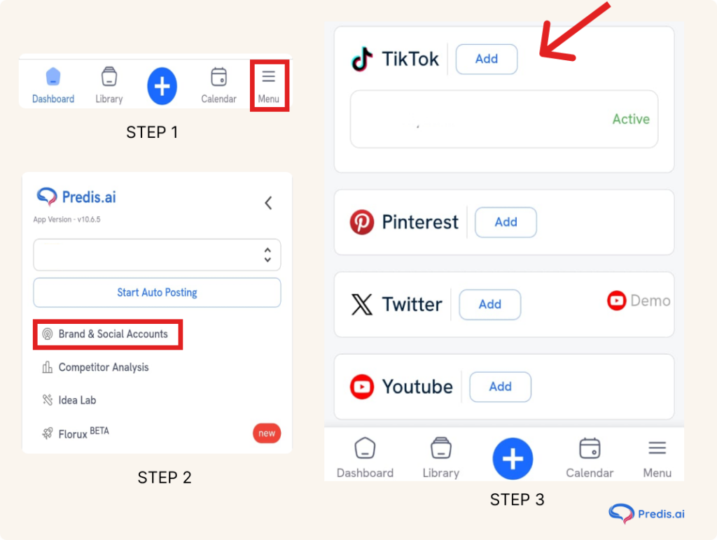 step by step TikTok scheduling through Predis AI