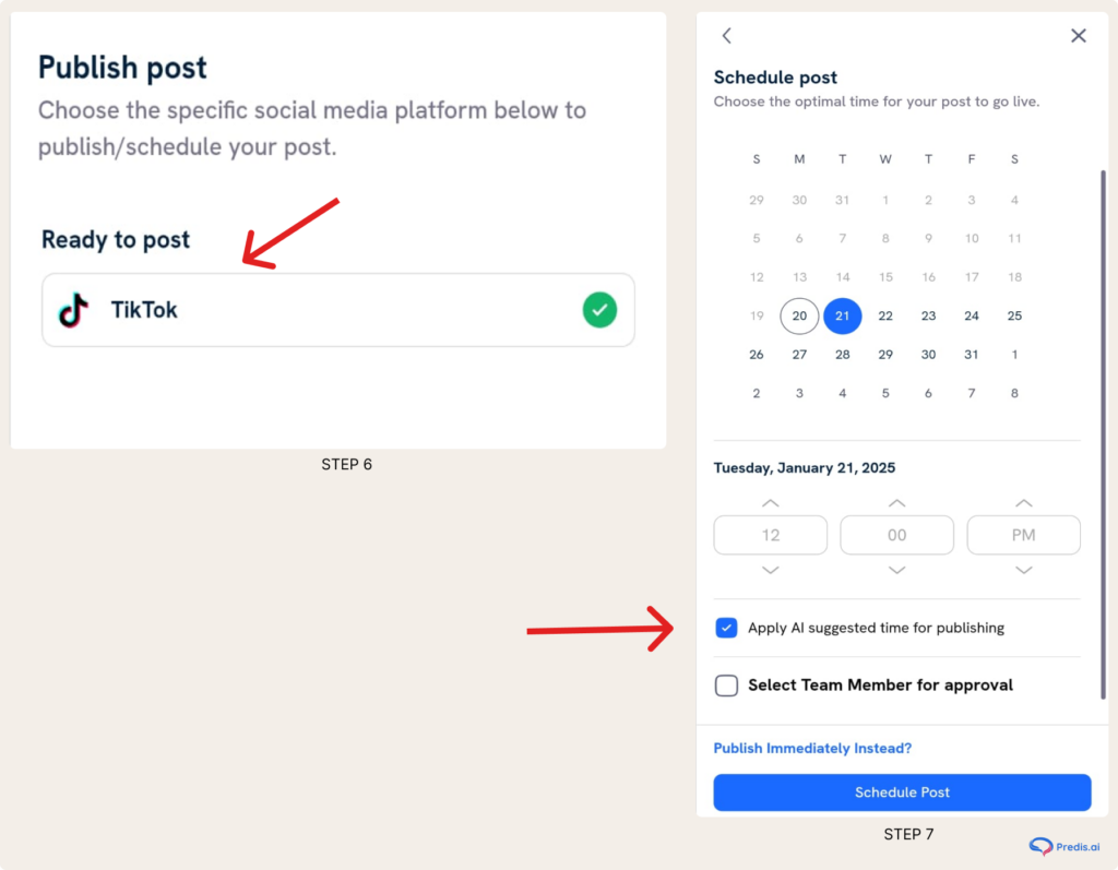 schedule your video on tiktok via predis.ai