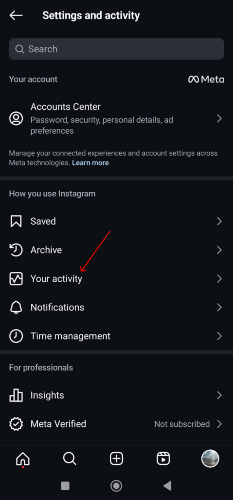 Your activity button in Instagram