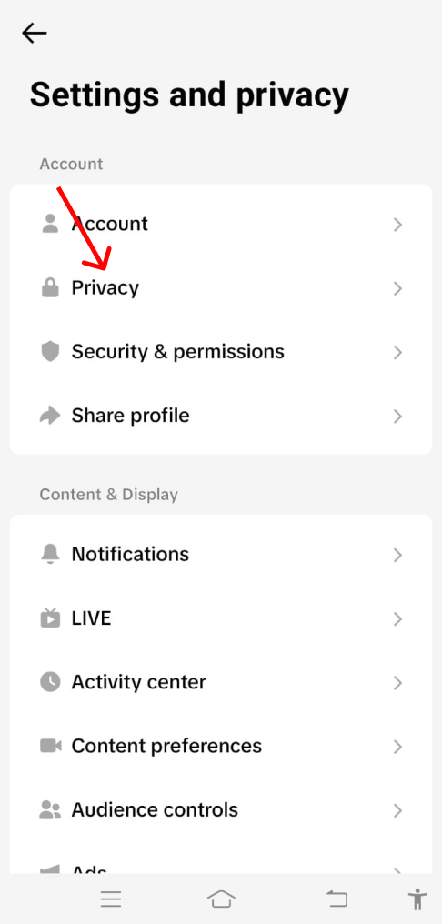 Accessing the Privacy settings in Tiktok