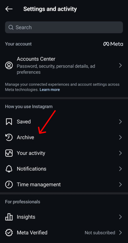 Archive option from Settings in Instagram