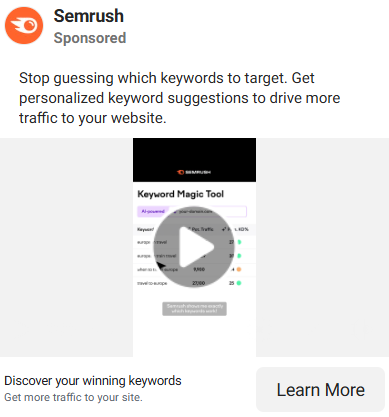 Semrush social media ad copy example