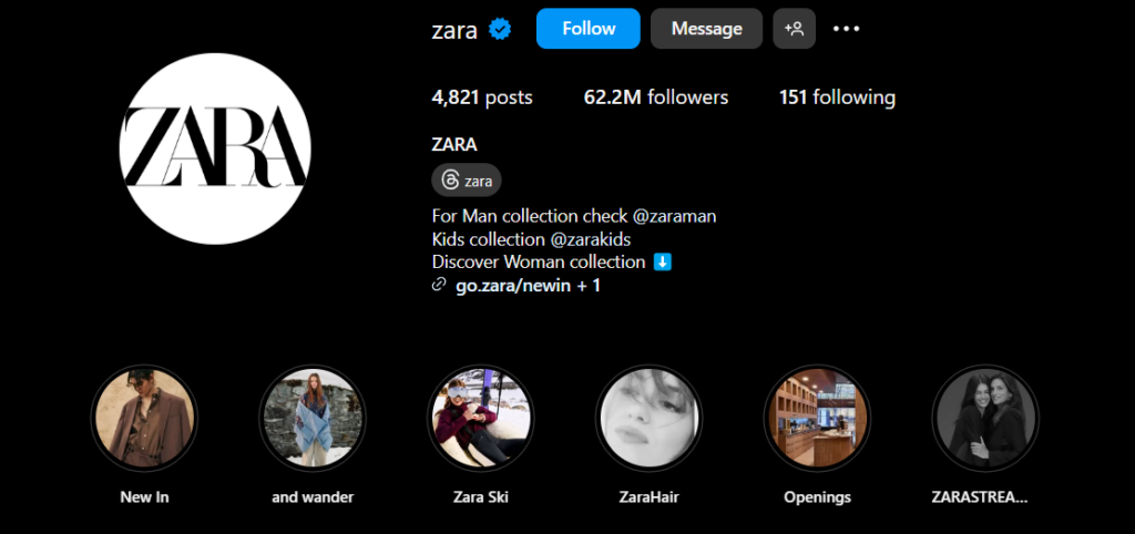 Zara Instagram page