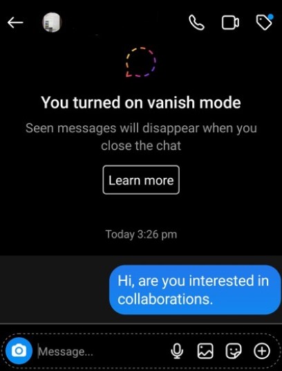 Instagram chat with Vanish Mode on