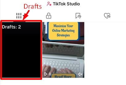 TikTok drafts visible in profile section