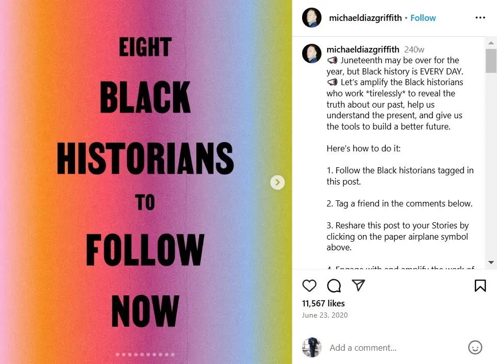 Post example showing black historians to follow this black history month