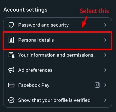 Accessing 'Personal Details' option for changing mail on Instagram 