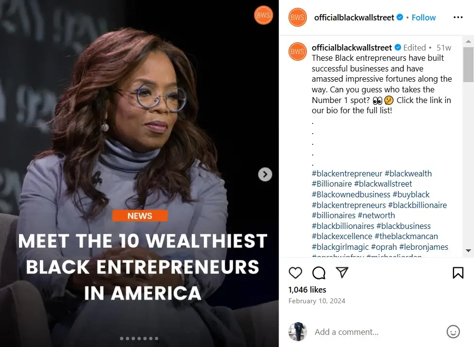 A social media carousel post highlighting the 10 wealthiest black entrepreneurs in America on the occasion of black history month