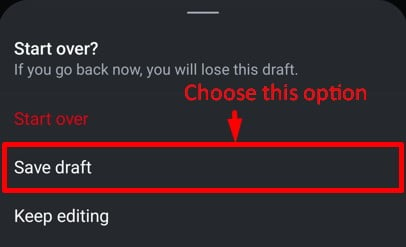 Save Draft pop-up on Instagram