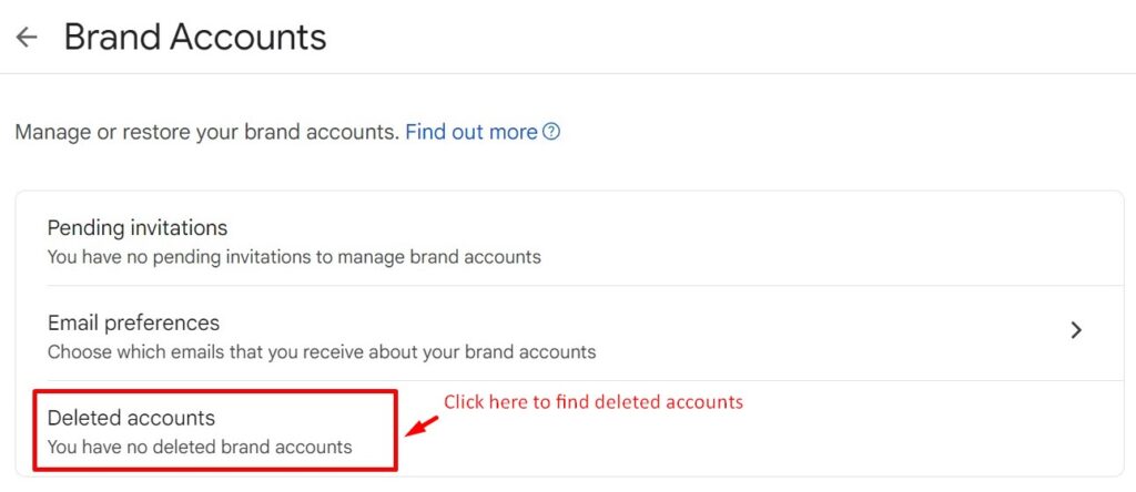 Brand Accounts option in Google Account to recover deleted YouTube channel