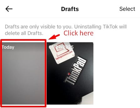 Choose a draft from Tiktok's draft folder and click on it