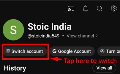 Quick Option to Switch your YouTube account